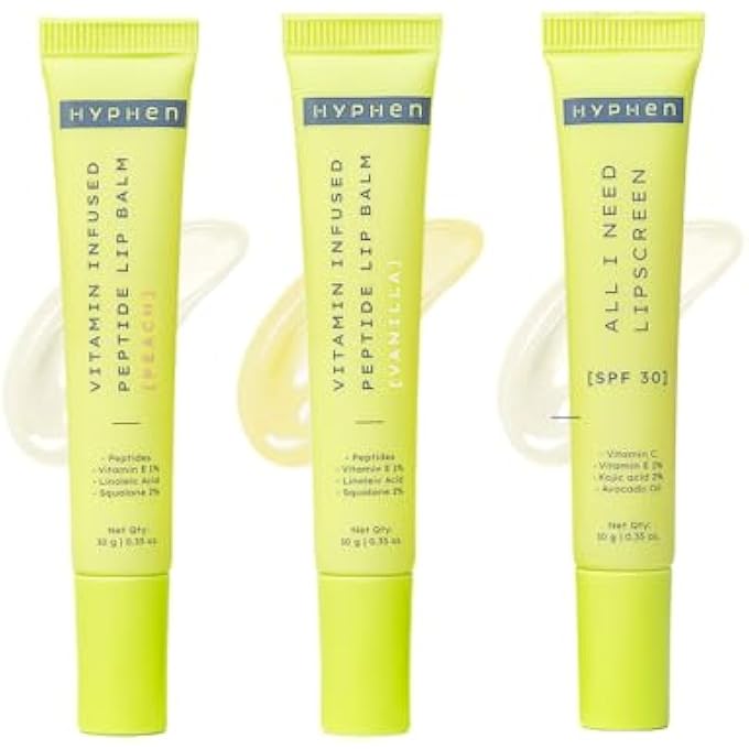 HYPHEN LIP CARE COMBO FOR DRY & CHAPPED LIPS | VANILA LIP BALM, PEACH LIP BALM & SPF 30 LIP SCREEN VALUE PACK OF 3 | HYDRATING & MOISTURIZING LIP BALM FOR MEN & WOMEN - Image 1